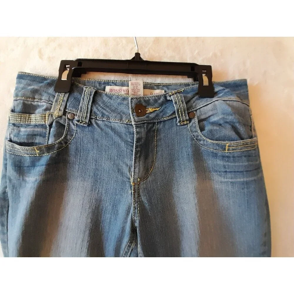 Vtg Y2K Womens Low Rise Retro Flare Embroidered Flap Pocket Sz 9 Jeans